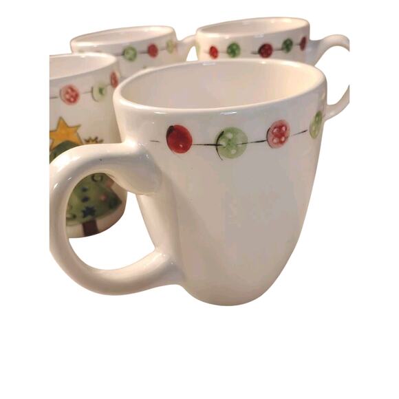 Tabletops Gallery Ceramic Hand Painted Button Christmas Tree Coffee Mugs Set 4 - Picture 5 of 6